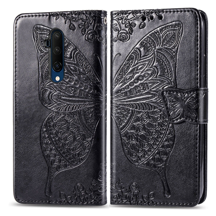 Black embossed butterfly flip wallet case with phone cutout and magnetic closure for OnePlus 7T Pro