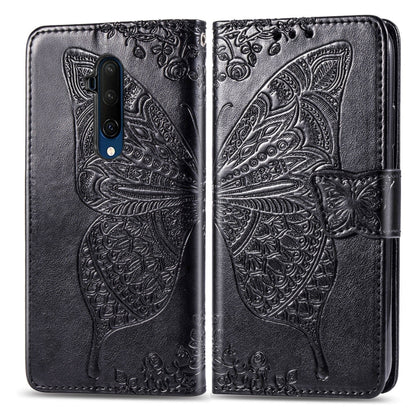 Black embossed butterfly flip wallet case with phone cutout and magnetic closure for OnePlus 7T Pro