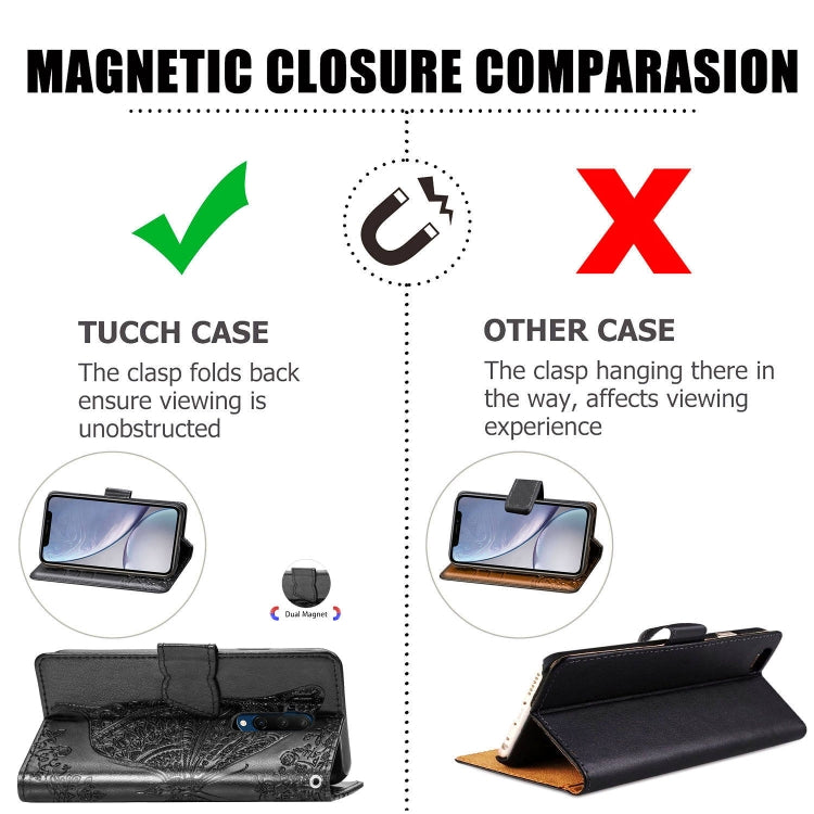Black embossed leather flip wallet case with magnetic clasp, shown closed and open