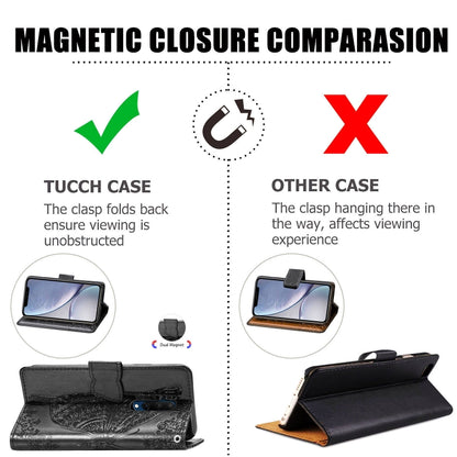 Black embossed leather flip wallet case with magnetic clasp, shown closed and open