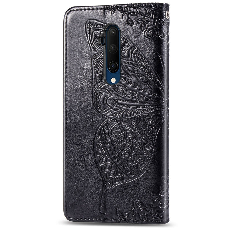 Black embossed butterfly flip phone wallet case with camera cutouts for OnePlus 7T Pro