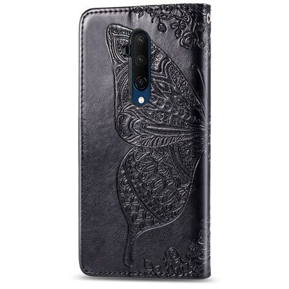 Black embossed butterfly flip phone wallet case with camera cutouts for OnePlus 7T Pro