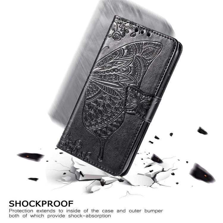 Black embossed butterfly flip wallet case with shockproof protection and raised bumper edges