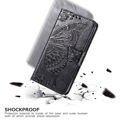 Black embossed butterfly flip wallet case with shockproof protection and raised bumper edges