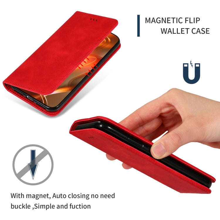 Red magnetic flip wallet case with hand-held auto-closing flap