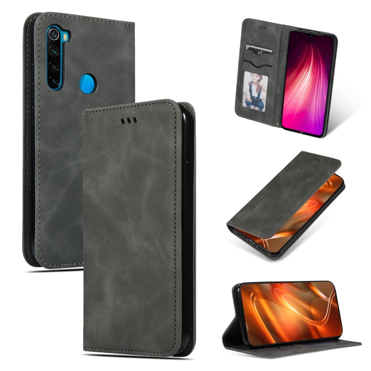 Grey magnetic flip leather wallet case with card slot window and phone cutouts