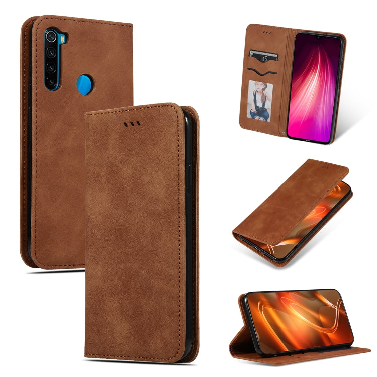 Brown magnetic flip leather phone case with card slot and camera cutout; stand view
