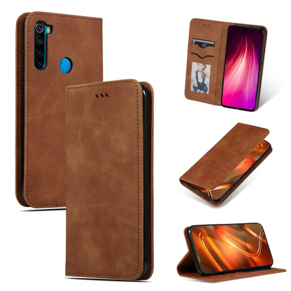 Brown magnetic flip leather phone case with card slot and camera cutout; stand view