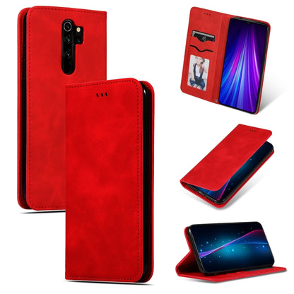 Red magnetic flip leather phone case with card slot and camera cutout; horizontal stand