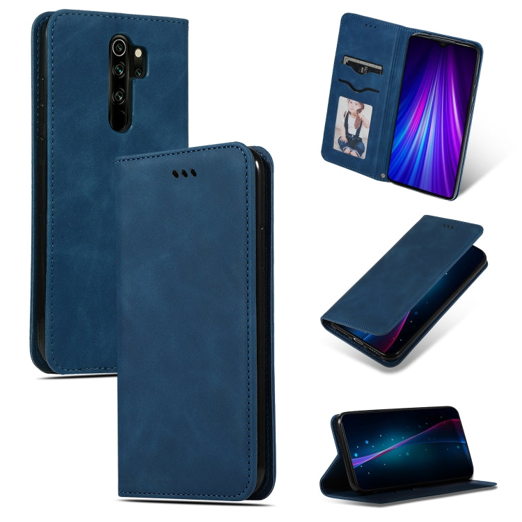 Navy blue magnetic flip leather phone case with card slot and camera cutout; horizontal stand