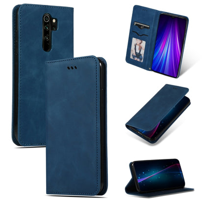 Navy blue magnetic flip leather phone case with card slot and camera cutout; horizontal stand