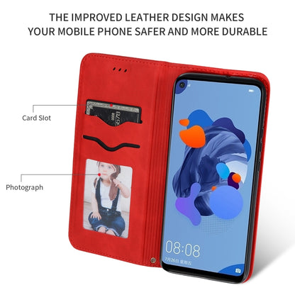 Red leather flip wallet phone case open view with card slot window and phone