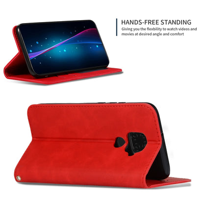Red leather flip wallet phone case with kickstand angle and camera cutout