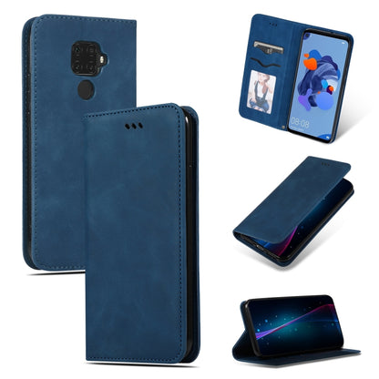 Navy blue leather flip wallet phone case with phone display and stand view