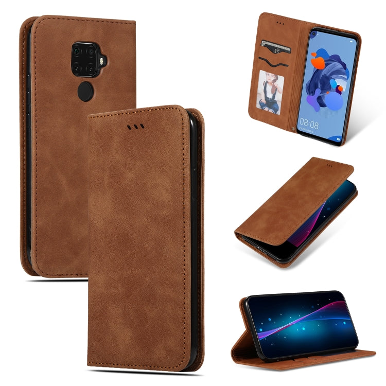 Brown leather magnetic flip phone case with front cover and side camera cutout