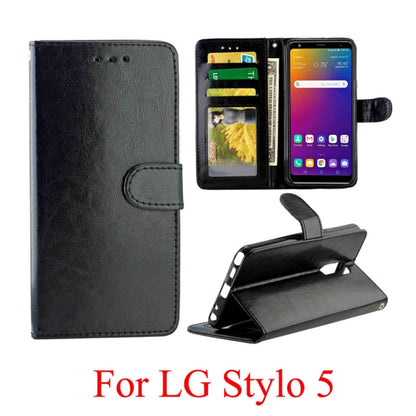 Black leather flip phone case with card slots and fold-out stand