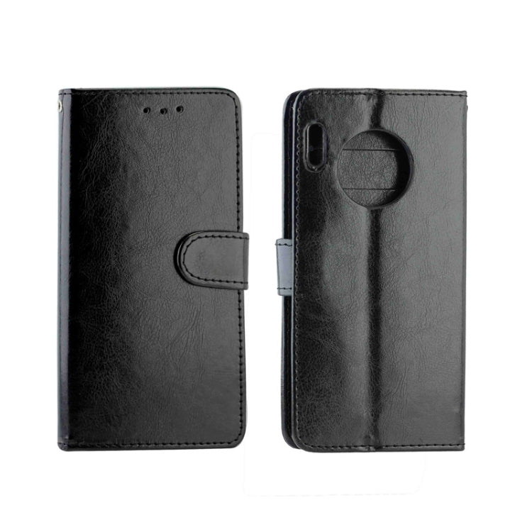 Black leather flip phone case with circular camera cutout and magnetic strap