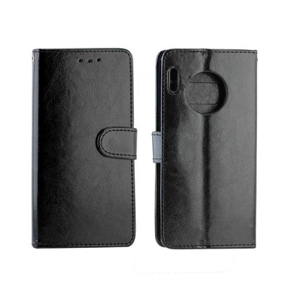 Black leather flip phone case with circular camera cutout and magnetic strap