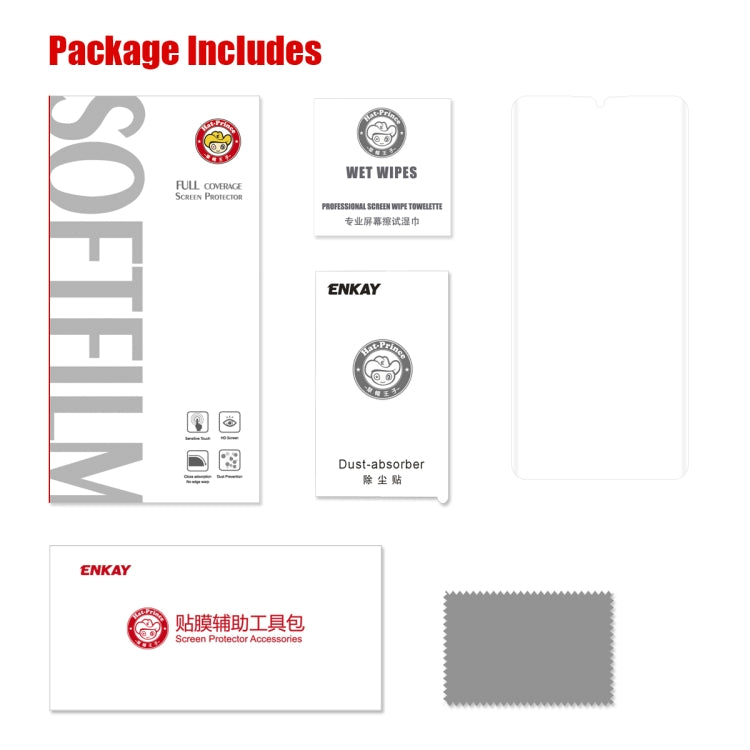 Screen protector package includes cleaning wipes, dust-absorber cloth, and microfiber cloth