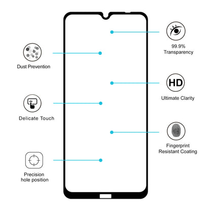 Tempered glass screen protector with HD clarity, dust and fingerprint resistance icons