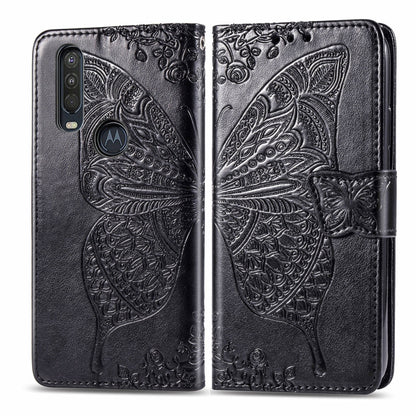 Black embossed leather flip wallet case with butterfly pattern and magnetic strap