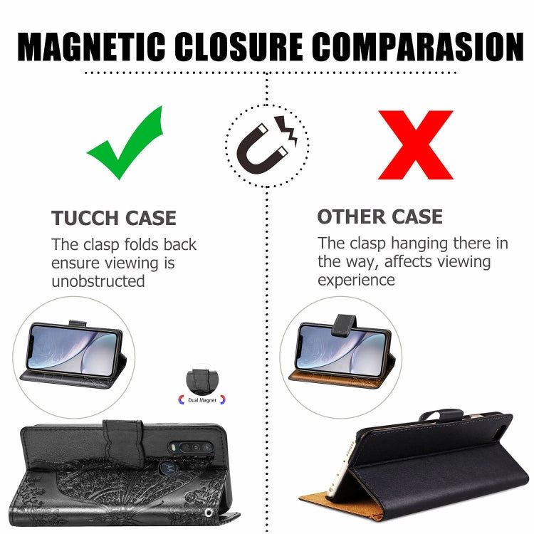 Black flip wallet case with magnetic clasp shown in comparison graphic