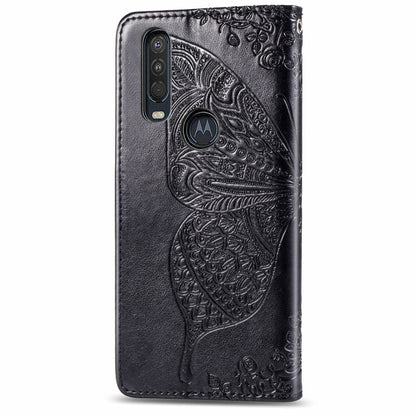 Black embossed leather flip case with butterfly design and cutout for camera
