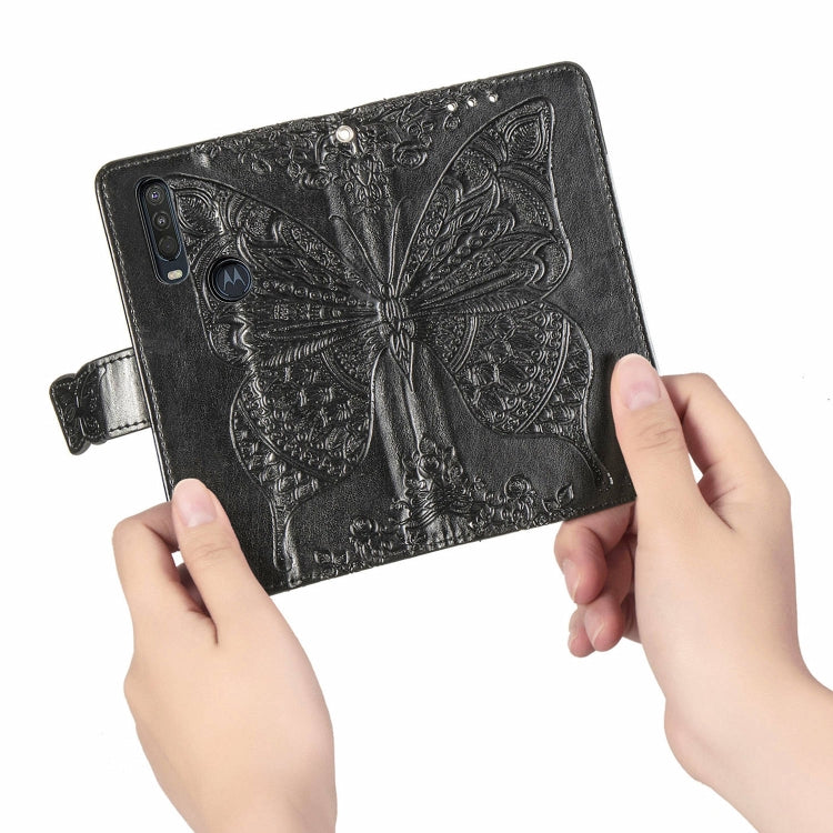 Black embossed leather wallet case with butterfly butterfly relief and snap button