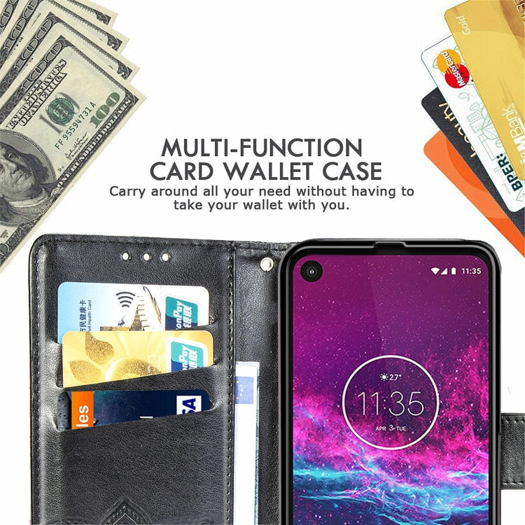 Black embossed flip wallet case with card slots, cash pocket, and phone display