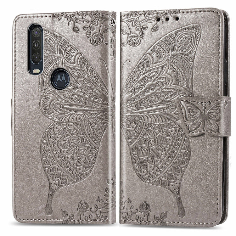 Gray embossed flip wallet case with butterfly motif and magnetic flap
