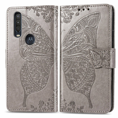 Gray embossed flip wallet case with butterfly motif and magnetic flap