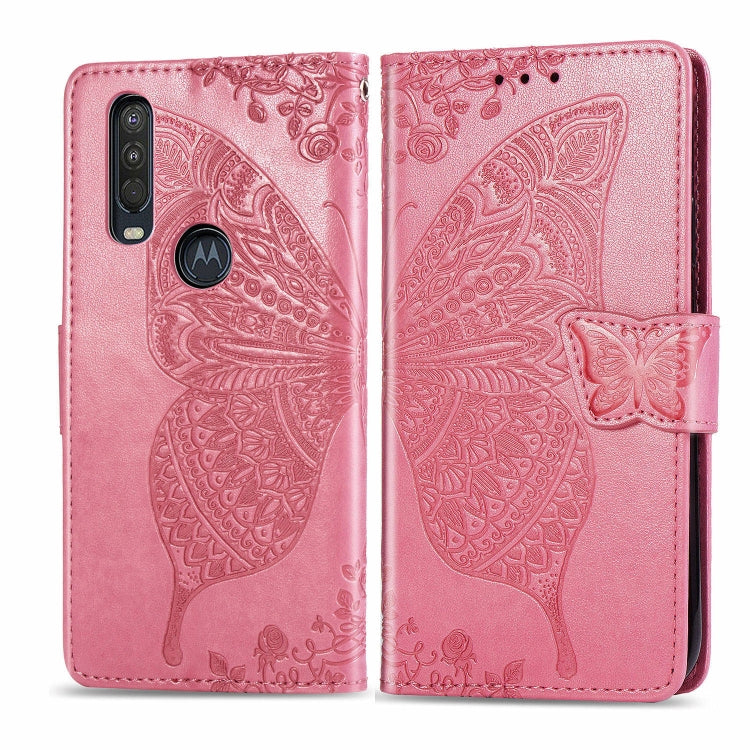 Rose pink embossed butterfly flip wallet case, front and back view