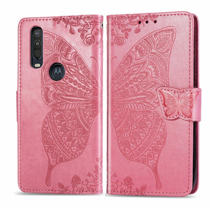Rose pink embossed butterfly flip wallet case, front and back view