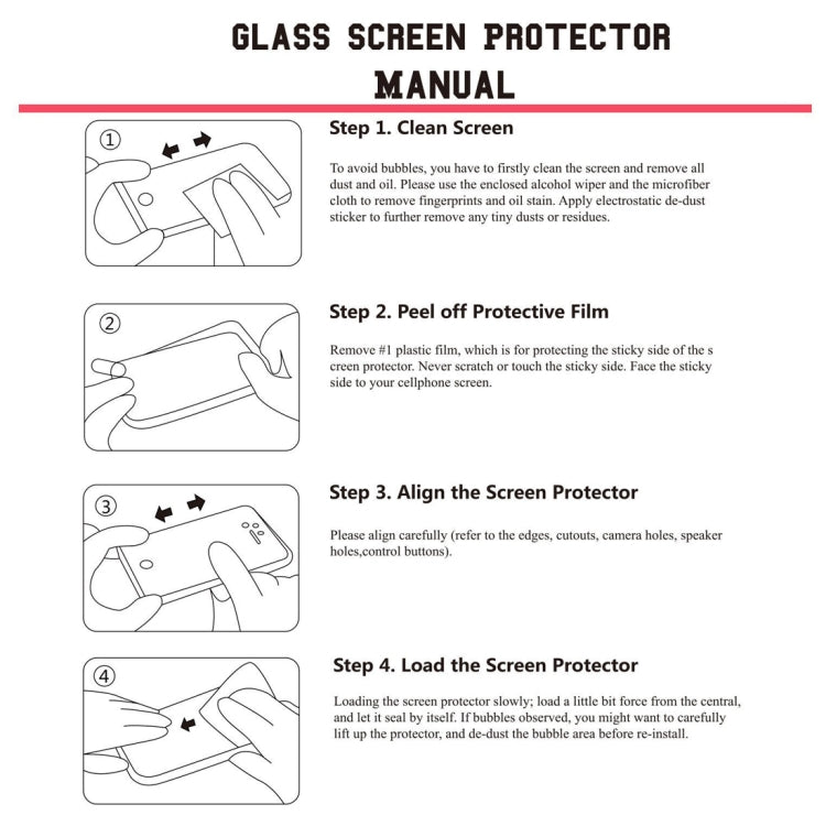 Screen protector installation manual with step-by-step cleaning and alignment instructions