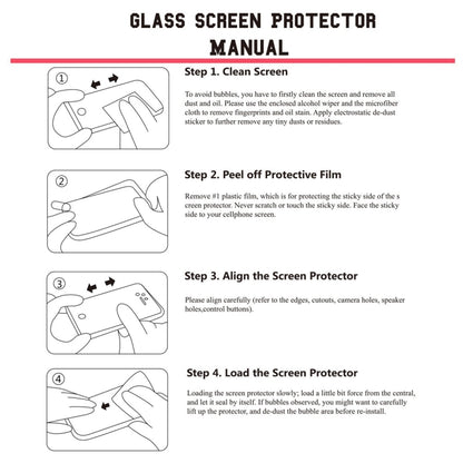 Screen protector installation manual with step-by-step cleaning and alignment instructions