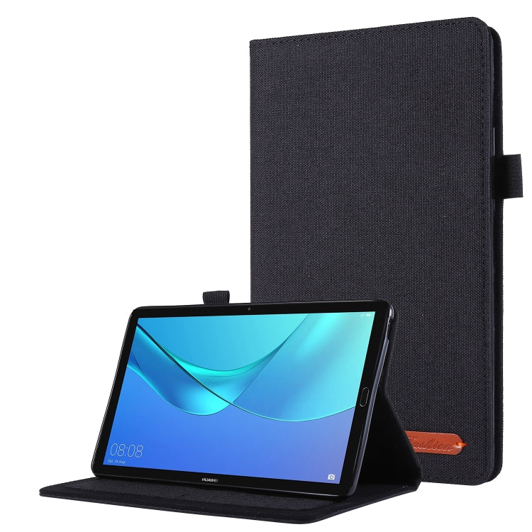 Black cloth-style tablet folio case with stand, protecting front and back edges.
