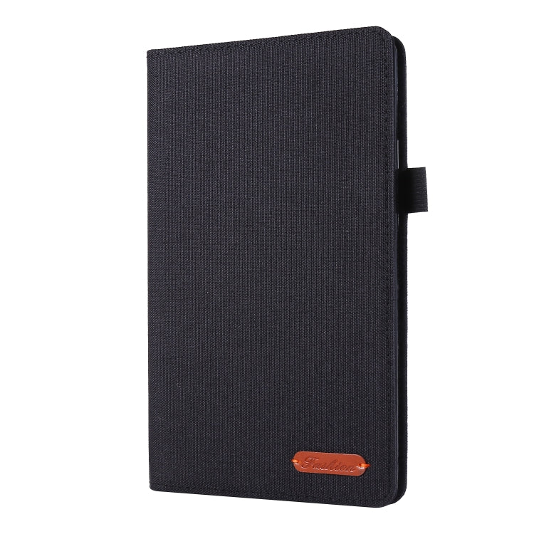 Black cloth-style tablet protective folio case, front flap closed with side strap.