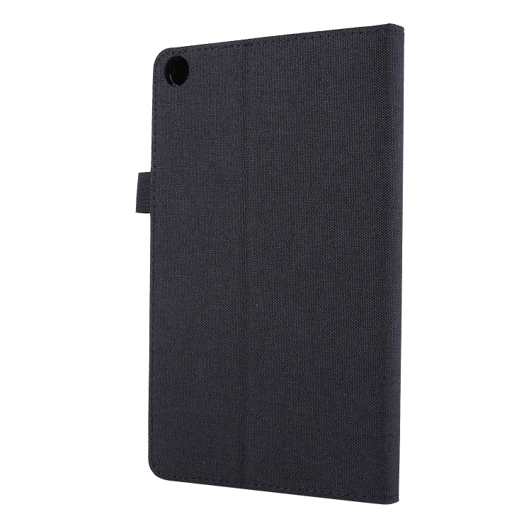 Black cloth-style tablet folio case with rear cutout for camera and side strap.