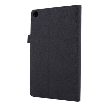Black cloth-style tablet folio case with rear cutout for camera and side strap.
