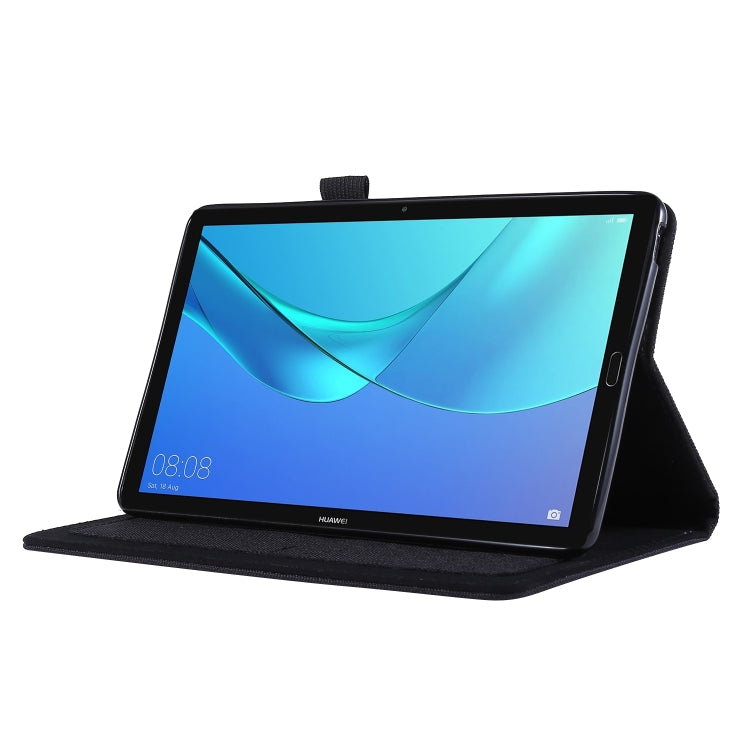 Black cloth-style tablet folio case with stand, tablet screen visible when open.