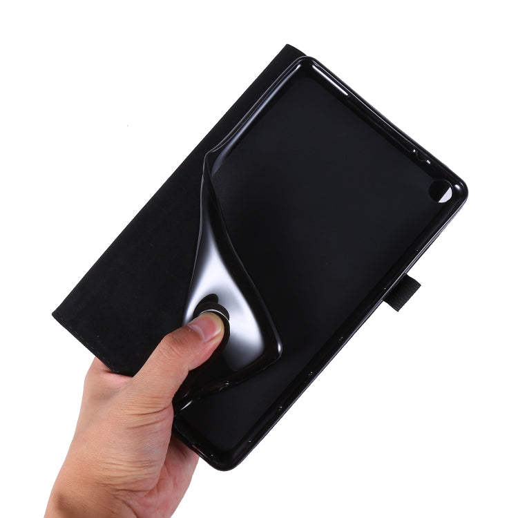 Black TPU shell tablet case with folio flap; hand lifting front cover.