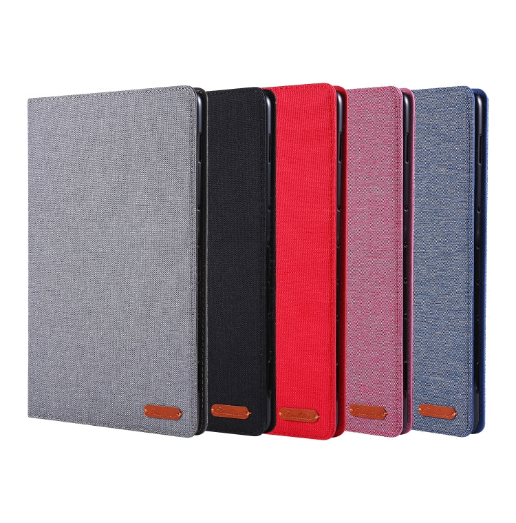 Multiple cloth-style tablet folio cases in gray, black, red, rose red, and deep blue.