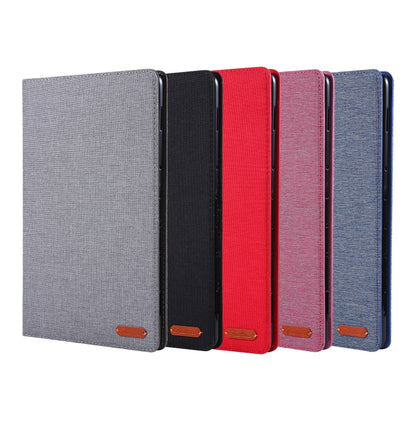 Multiple cloth-style tablet folio cases in gray, black, red, rose red, and deep blue.