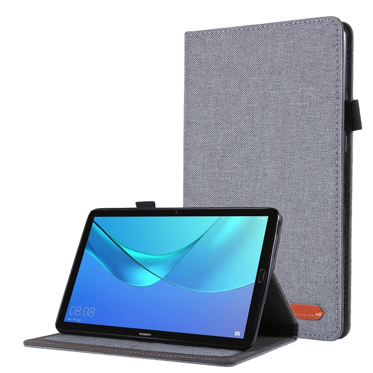 Gray fabric TPU tablet protective shell with kickstand, tablet propped for viewing