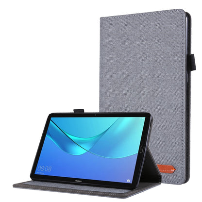Gray fabric TPU tablet protective shell with kickstand, tablet propped for viewing