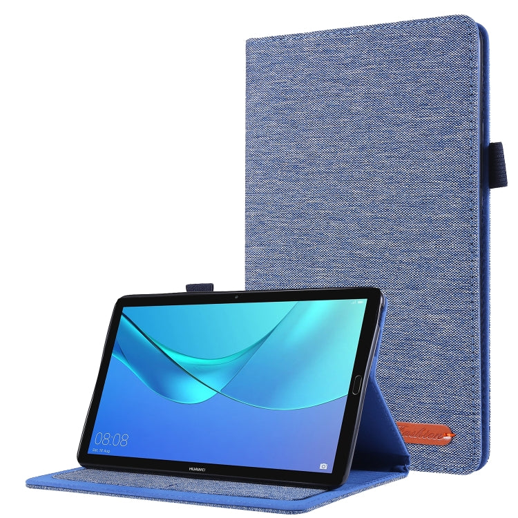Deep blue fabric TPU tablet protective shell with fold stand, tablet angled for viewing