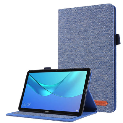 Deep blue fabric TPU tablet protective shell with fold stand, tablet angled for viewing