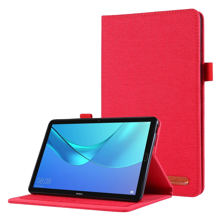 Red fabric folio tablet case with stand, tablet front screen shown.