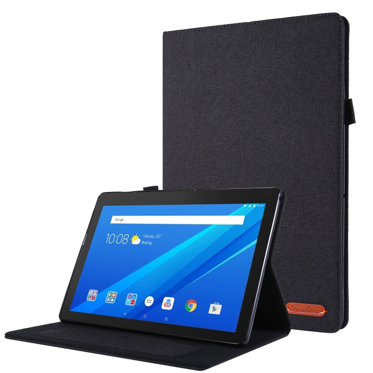Black cloth-style tablet folio case with stand, tablet screen visible in open view.