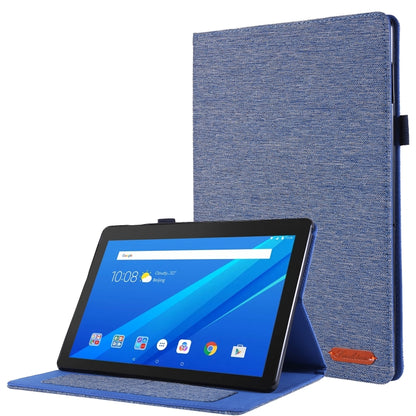 Blue fabric-textured folio tablet case with stand, tablet visible.